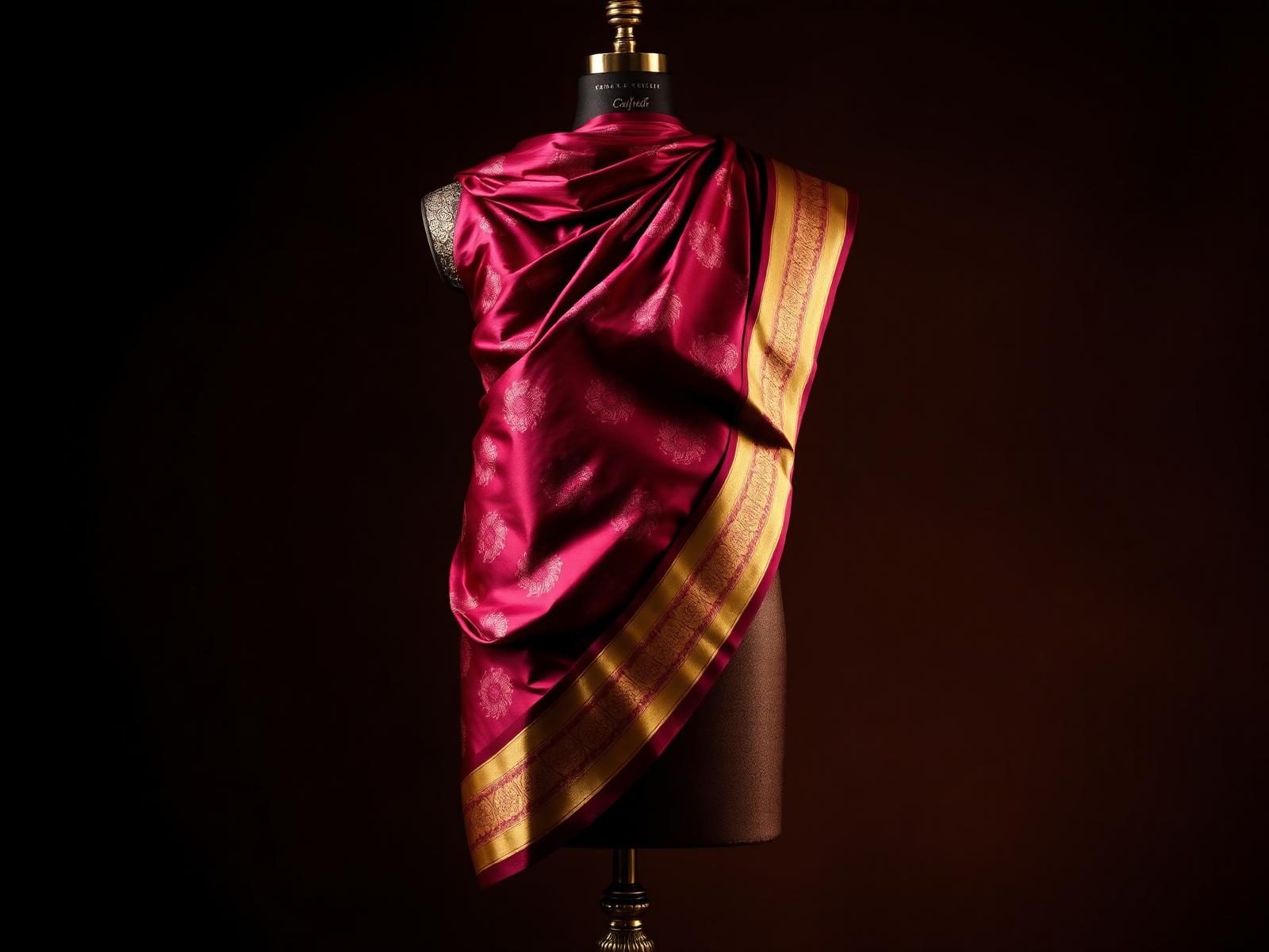 Kanchipuram silk saree draped on ornate mannequin